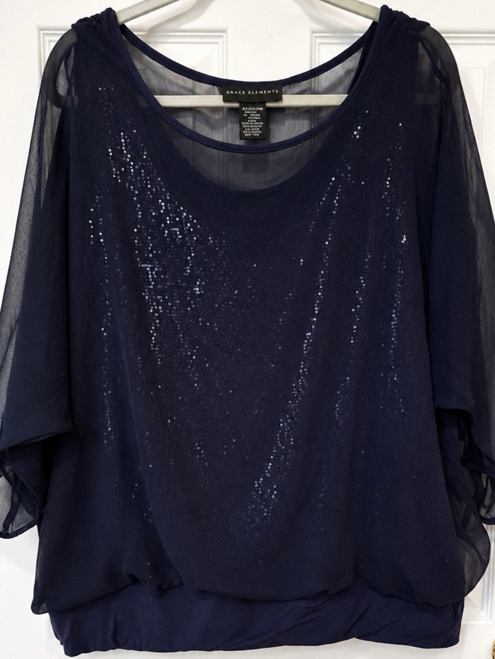 Grace Elements Navy Sheer Dolman Top with Sequin Detail